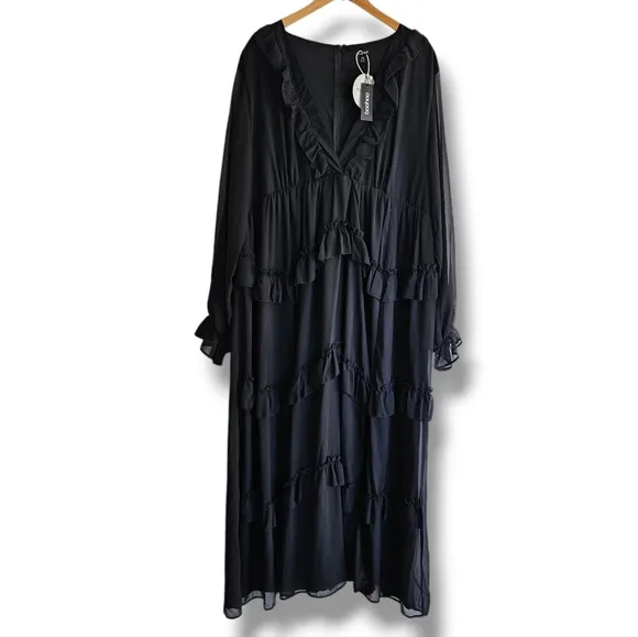 boohoo Plus Frill Plunge Ruffle Maxi Dress Black Size 20 Tiered Front Slit NEW