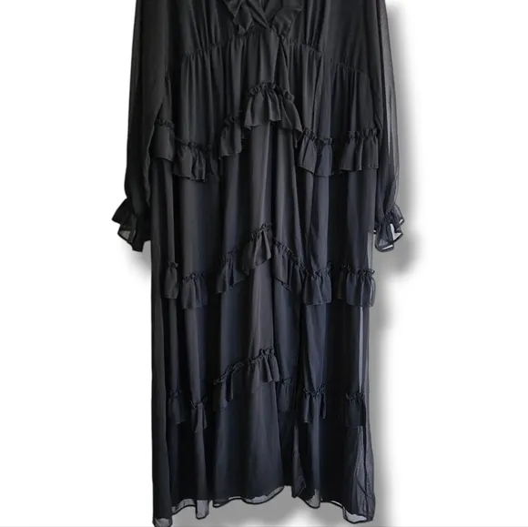 boohoo Plus Frill Plunge Ruffle Maxi Dress Black Size 20 Tiered Front Slit NEW
