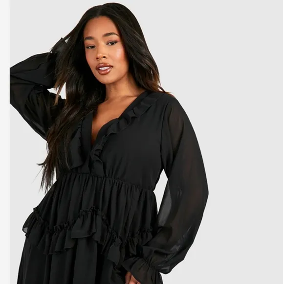 boohoo Plus Frill Plunge Ruffle Maxi Dress Black Size 20 Tiered Front Slit NEW
