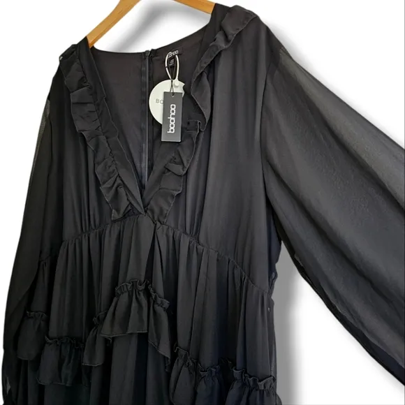 boohoo Plus Frill Plunge Ruffle Maxi Dress Black Size 20 Tiered Front Slit NEW