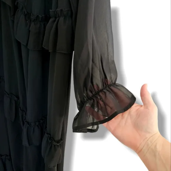 boohoo Plus Frill Plunge Ruffle Maxi Dress Black Size 20 Tiered Front Slit NEW