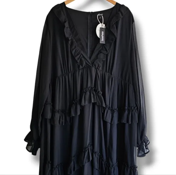 boohoo Plus Frill Plunge Ruffle Maxi Dress Black Size 20 Tiered Front Slit NEW