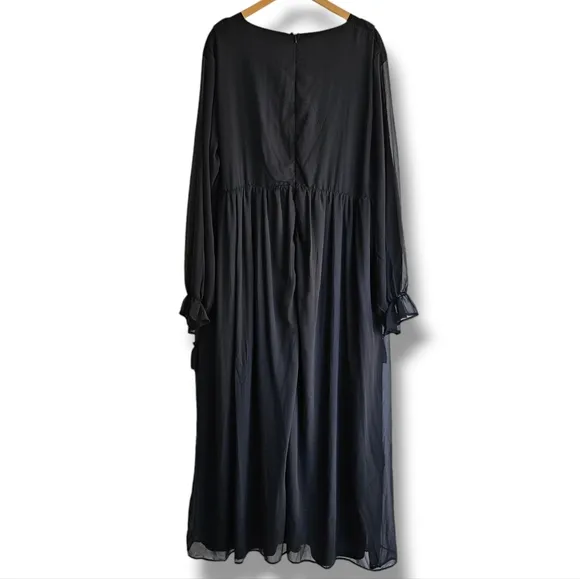 boohoo Plus Frill Plunge Ruffle Maxi Dress Black Size 20 Tiered Front Slit NEW