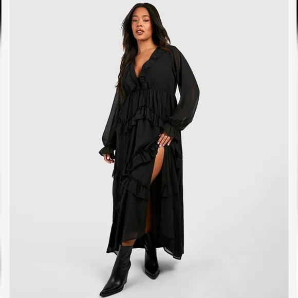 boohoo Plus Frill Plunge Ruffle Maxi Dress Black Size 20 Tiered Front Slit NEW