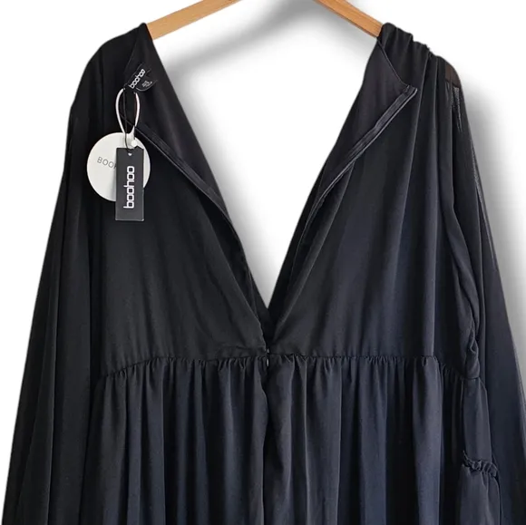 boohoo Plus Frill Plunge Ruffle Maxi Dress Black Size 20 Tiered Front Slit NEW