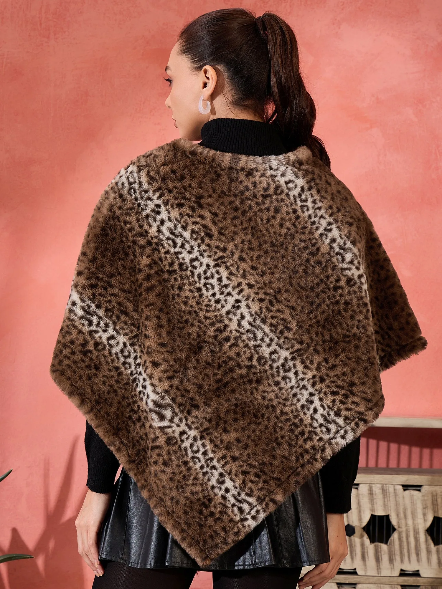 Brown Leopard Rabbit Faux Fur Poncho