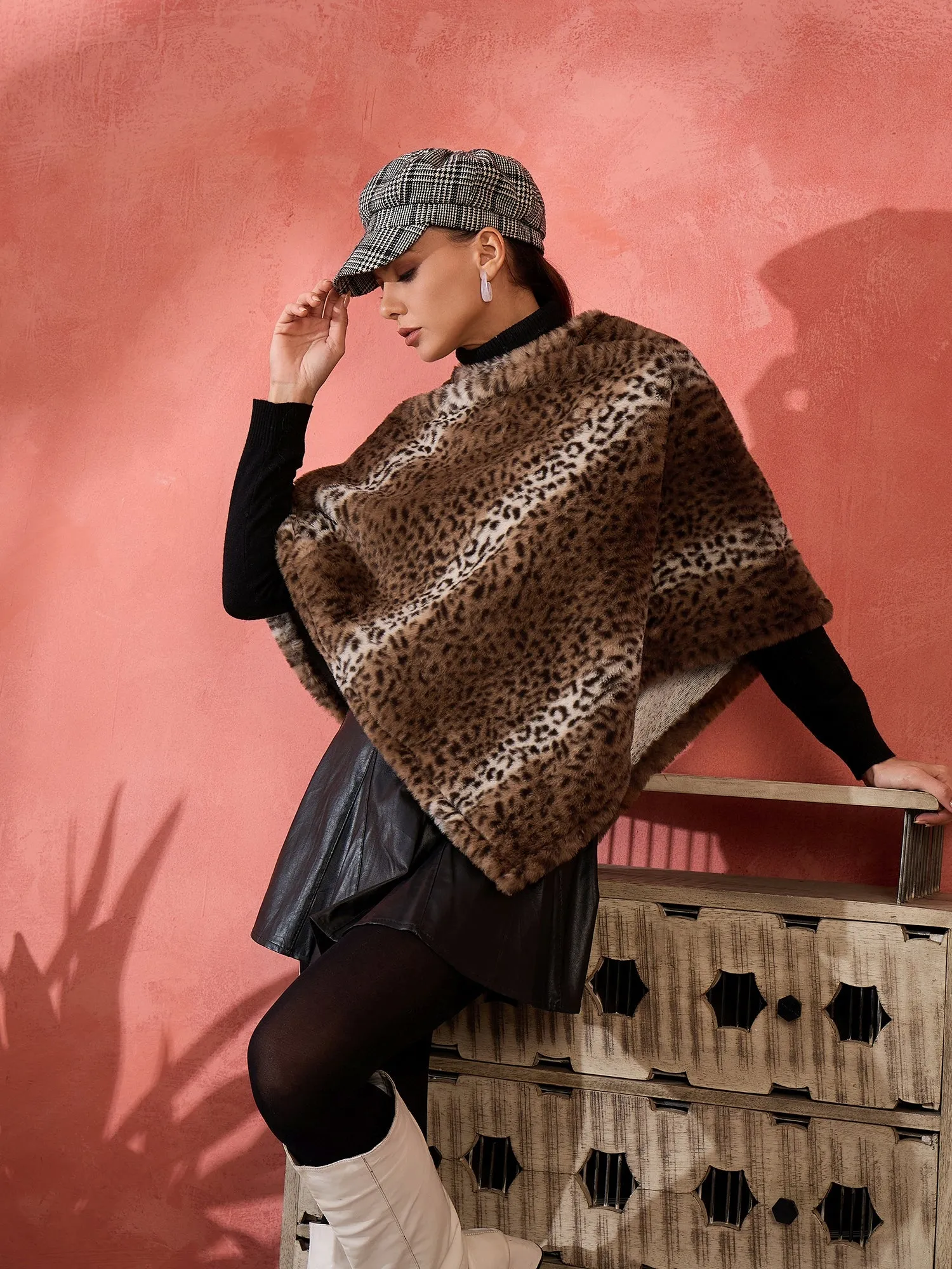 Brown Leopard Rabbit Faux Fur Poncho
