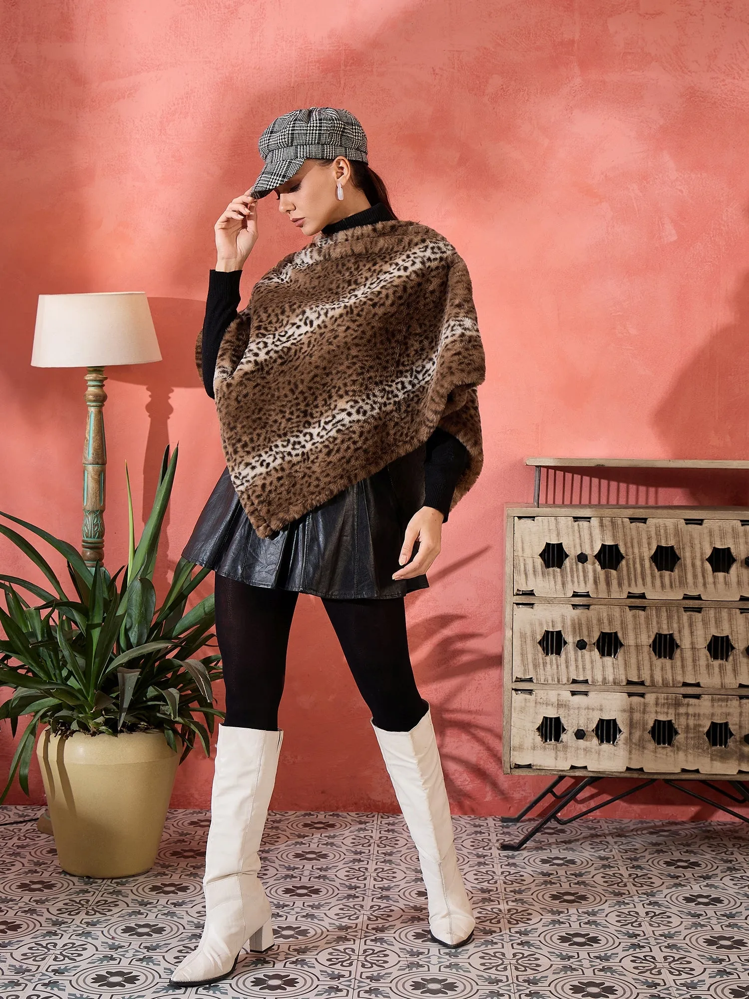 Brown Leopard Rabbit Faux Fur Poncho