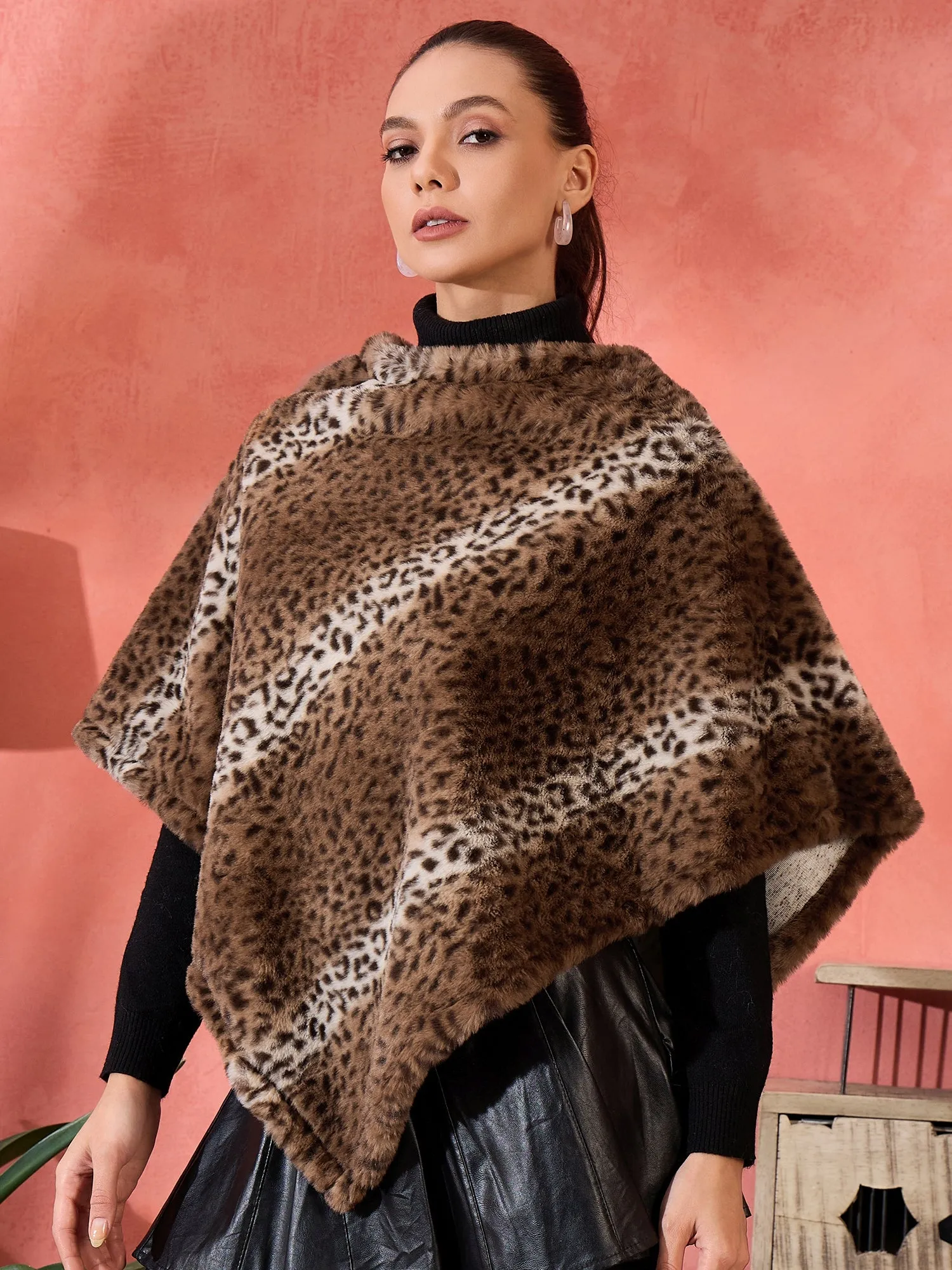 Brown Leopard Rabbit Faux Fur Poncho