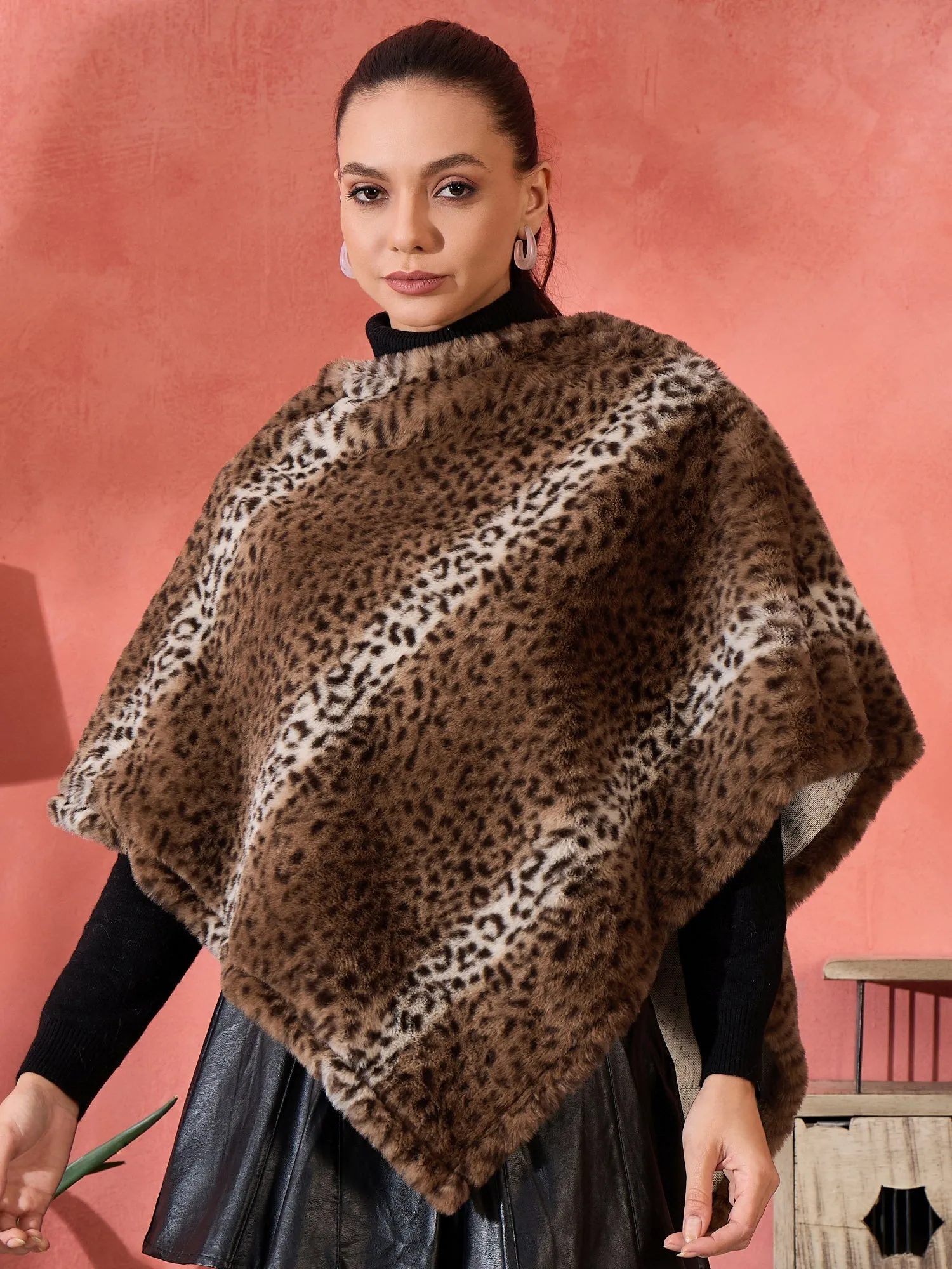 Brown Leopard Rabbit Faux Fur Poncho