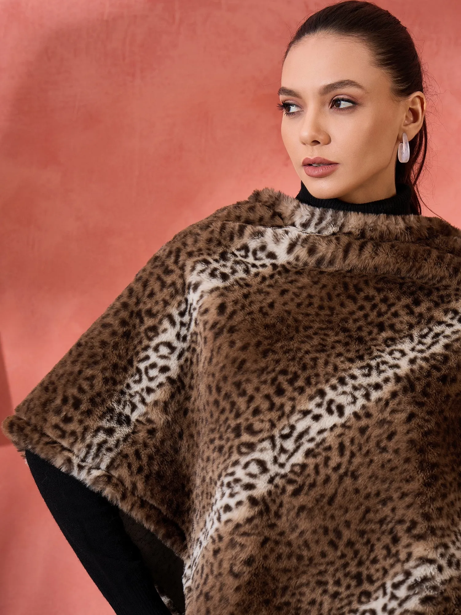 Brown Leopard Rabbit Faux Fur Poncho