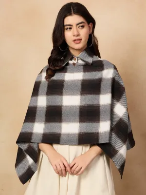 Brown White Check Collar Poncho