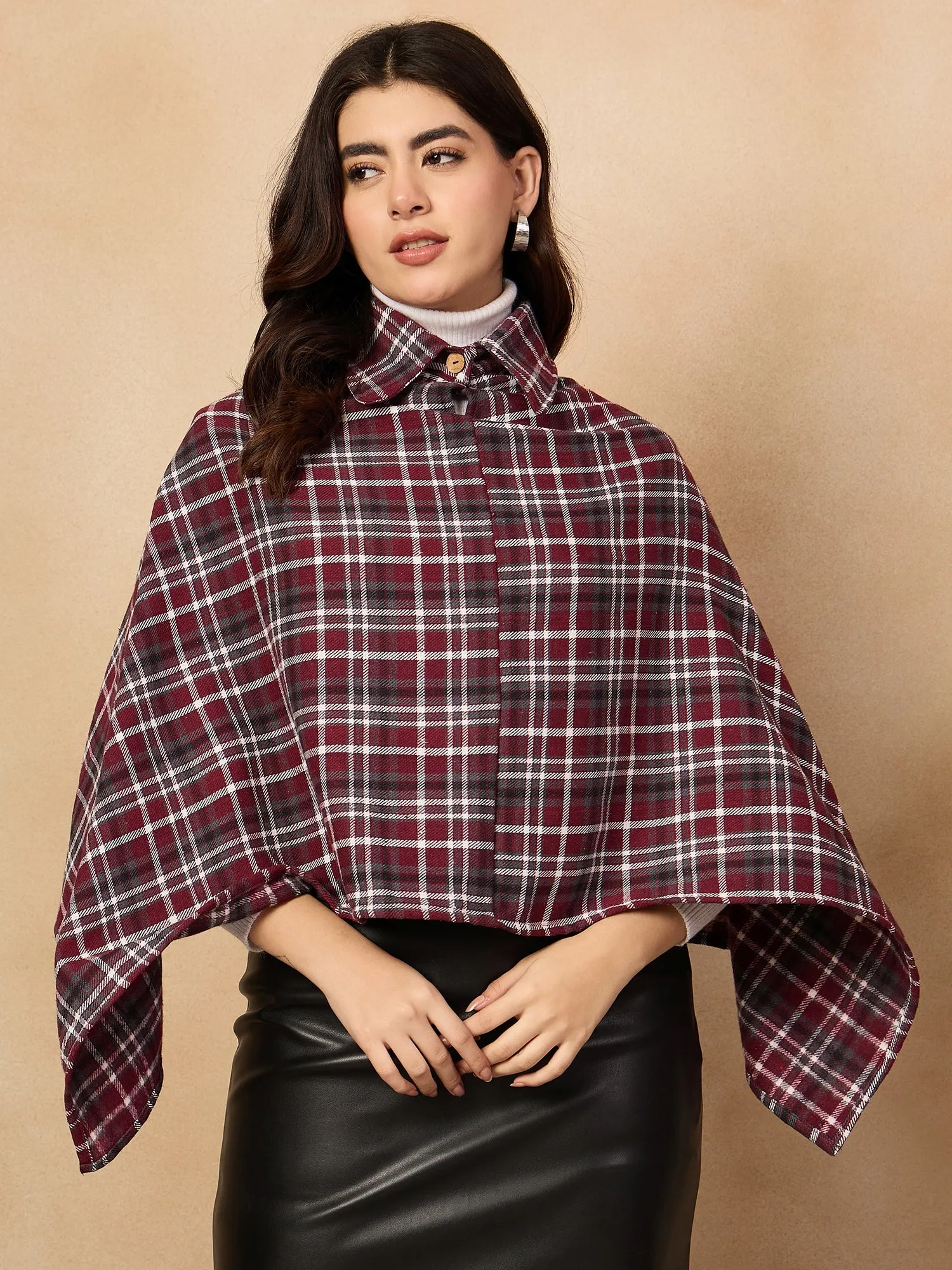 Burgundy Grey Check Collar Poncho