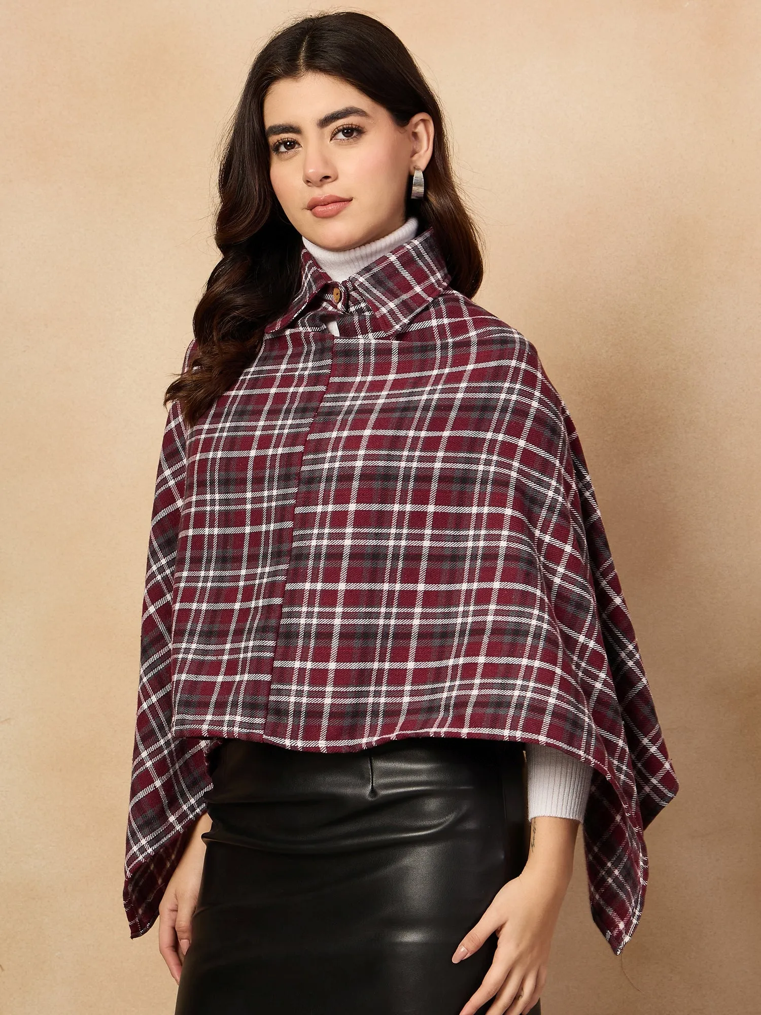 Burgundy Grey Check Collar Poncho