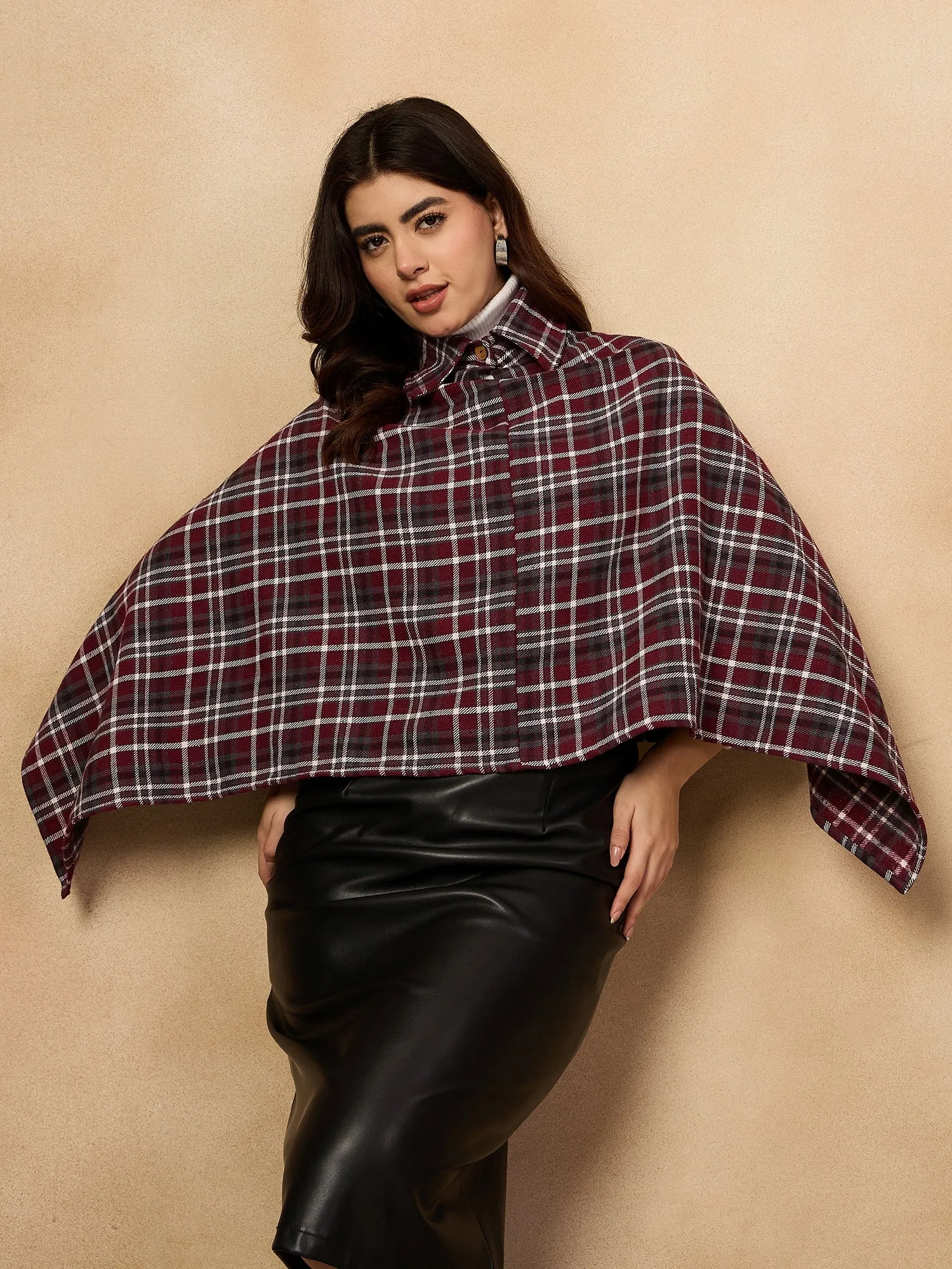 Burgundy Grey Check Collar Poncho