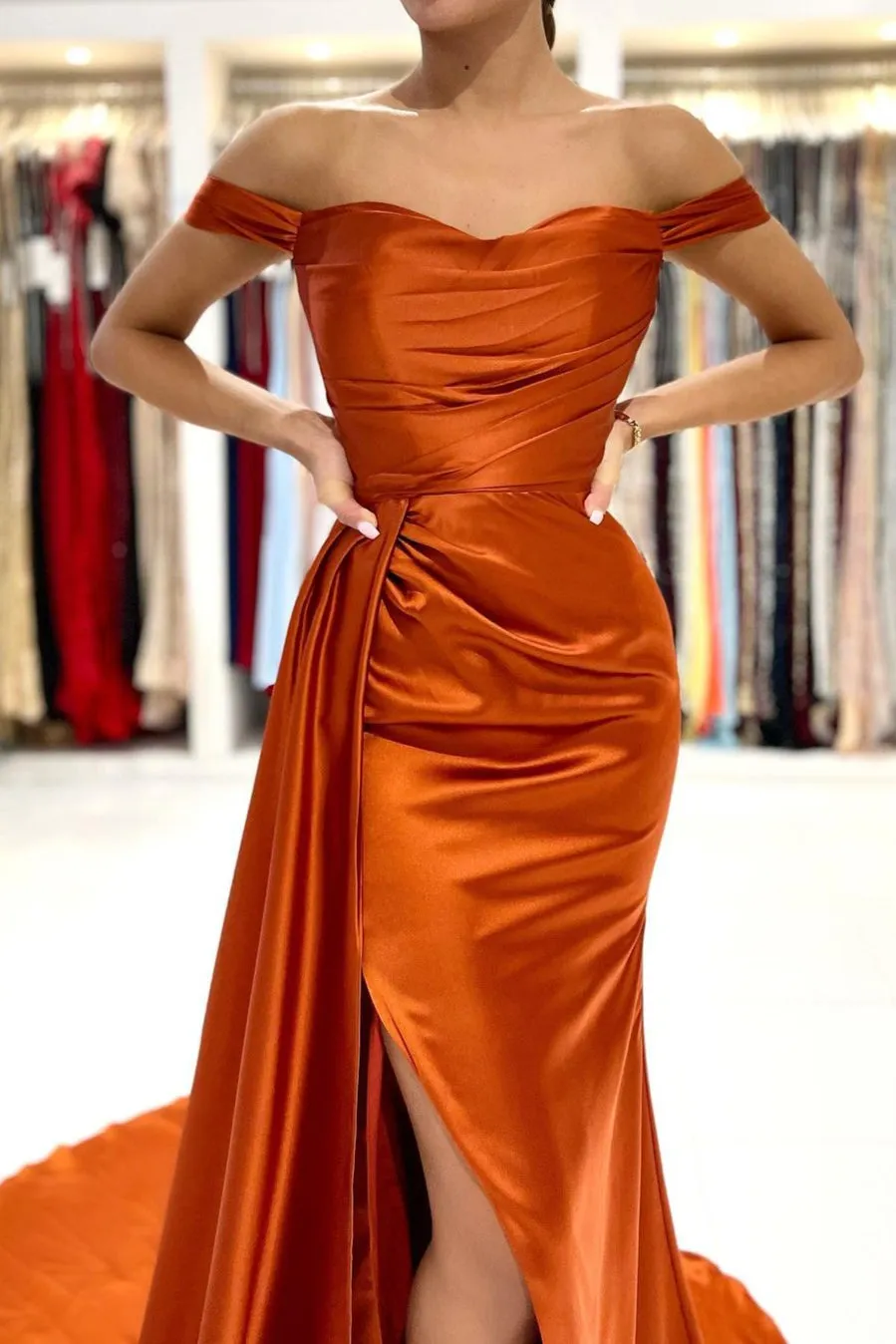 Burnt Orange Off-the-Shoulder Mermaid Prom Dress Long With Split