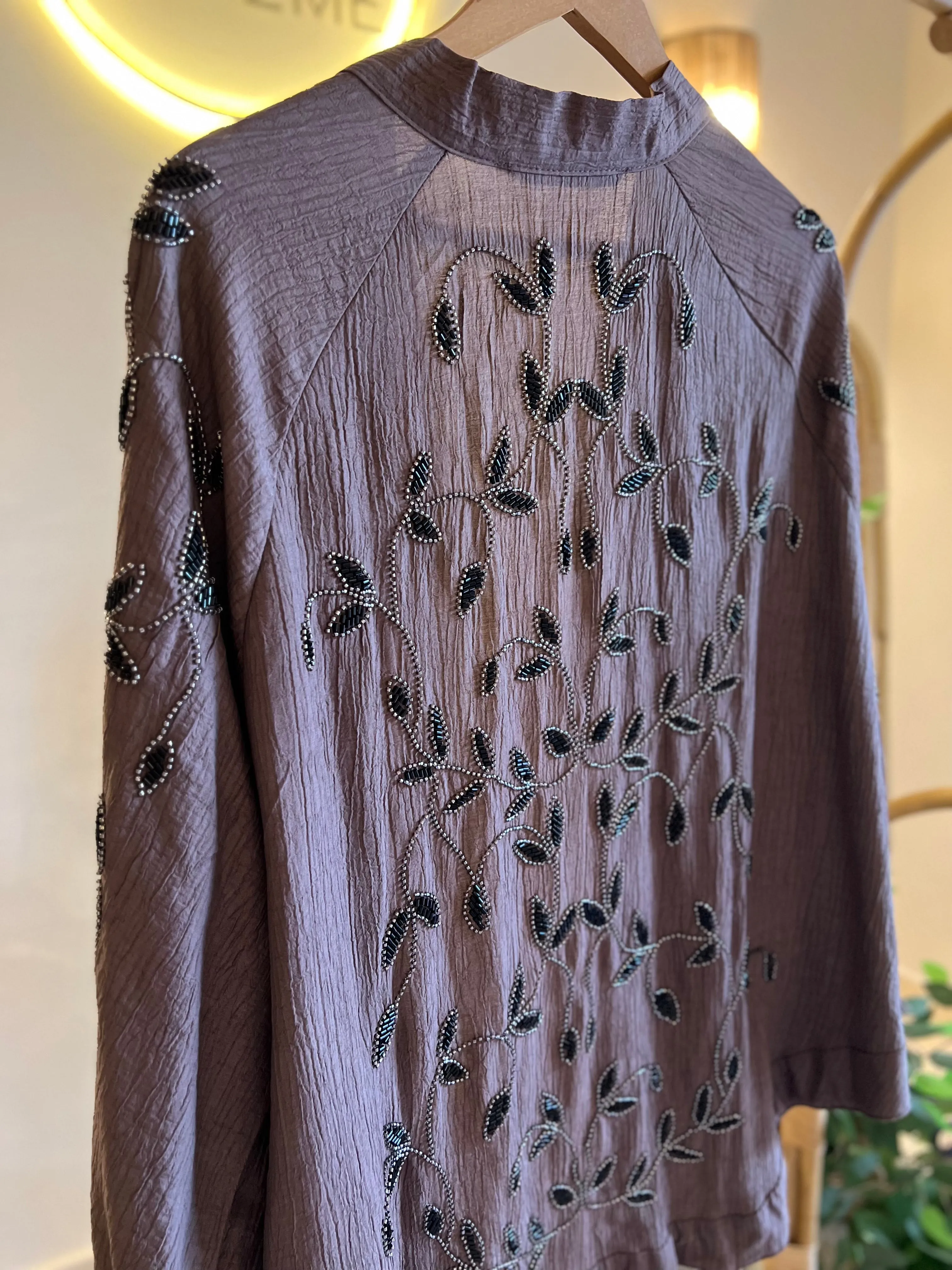 Cafe Brown X Black Leaves Embroidered Kimono