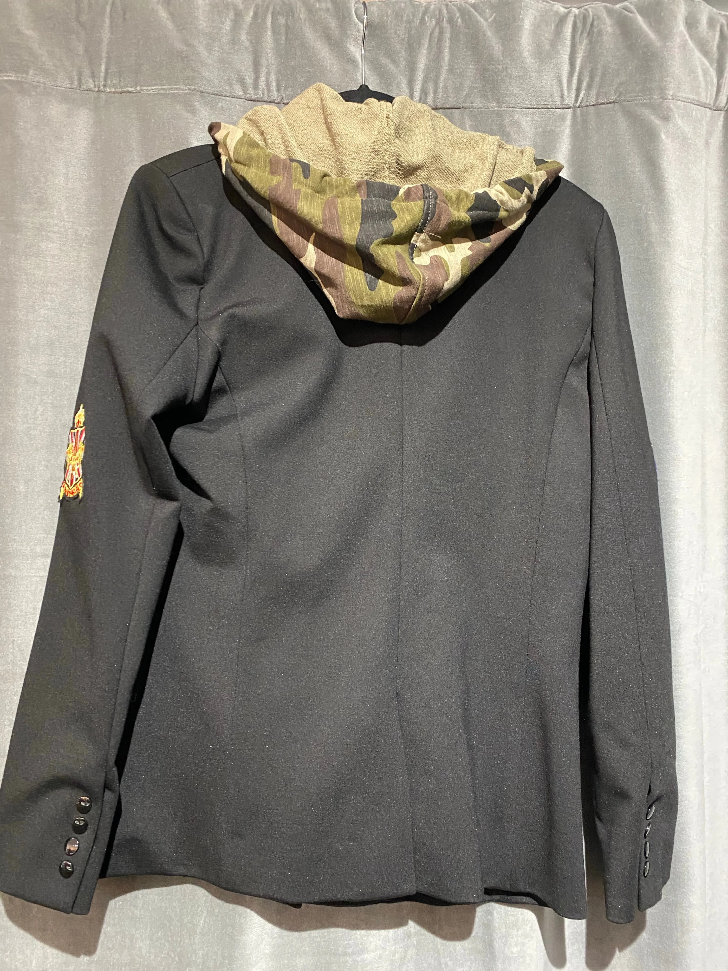 Central Park West Black Blazer with Patches and Camp Hood and Zipper Attachment