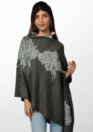 Charcoal Melange Wool PonchoLt. Gray Embroidery & Feather Appliqués