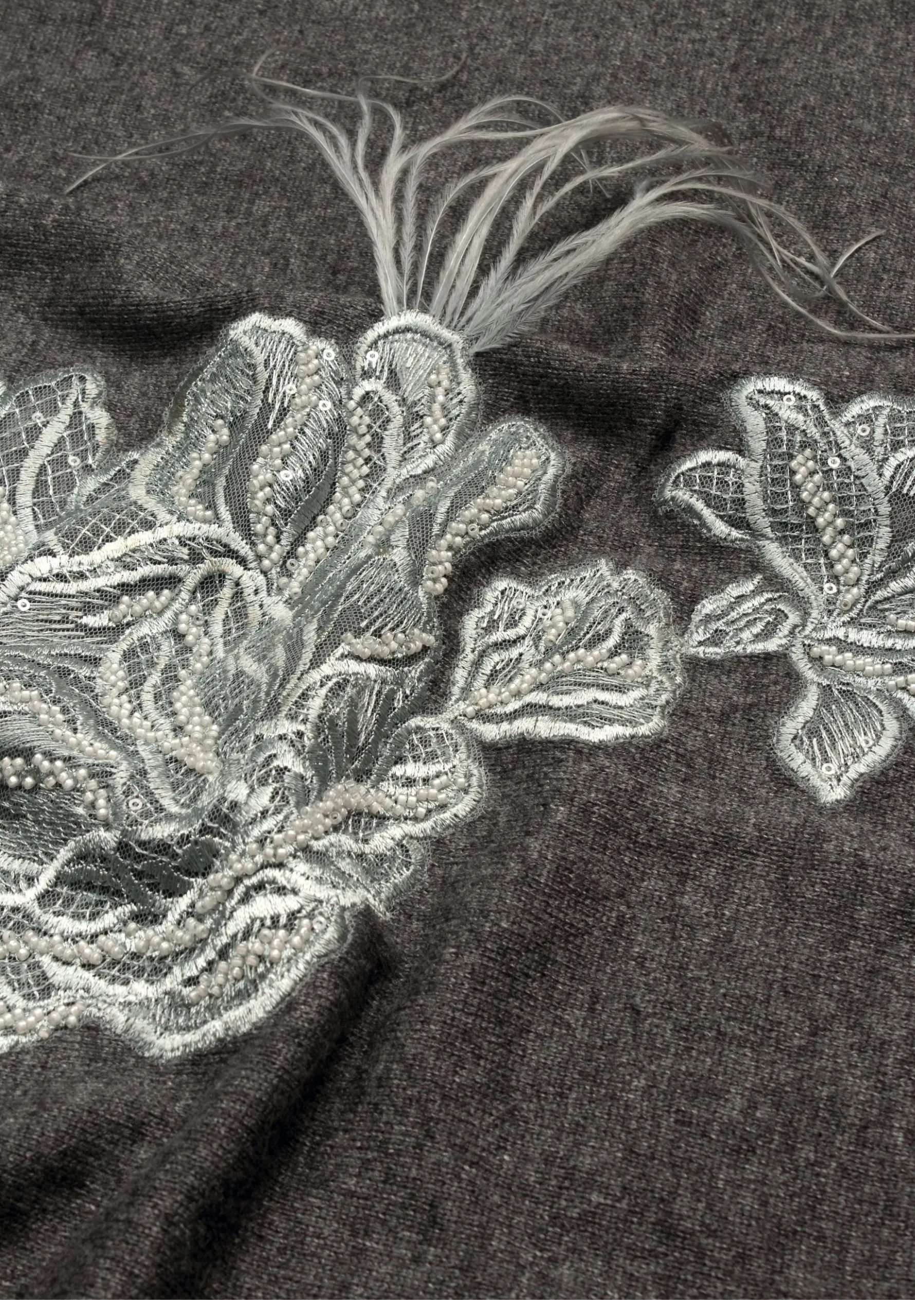 Charcoal Melange Wool PonchoLt. Gray Embroidery & Feather Appliqués