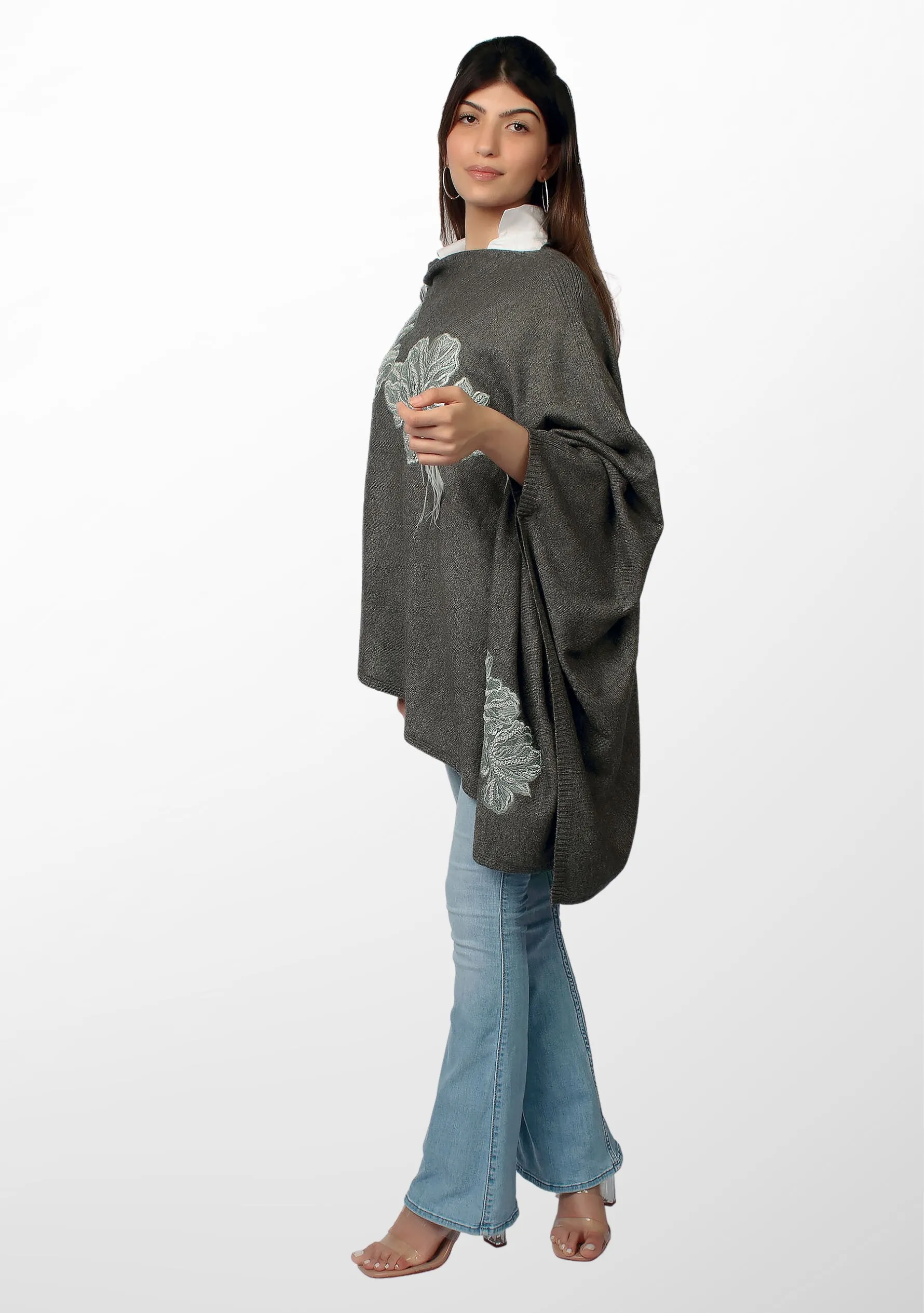Charcoal Melange Wool PonchoLt. Gray Embroidery & Feather Appliqués