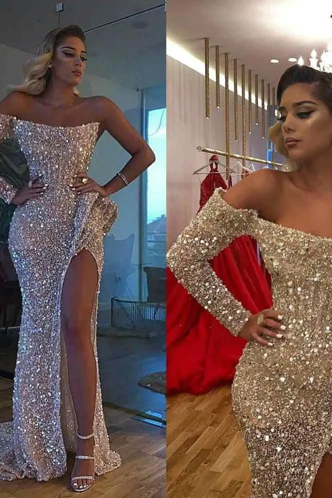Chic Crystal Beading One-shoulder Strapless Slit Mermaid Sequins Prom Gowns
