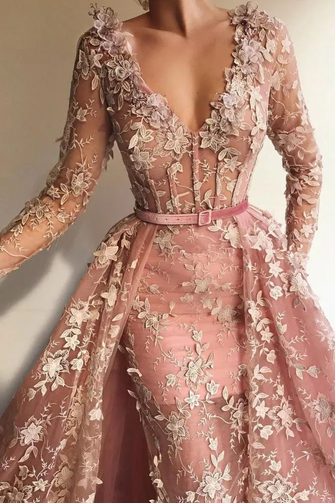 Chic See-Through Tulle Pink Long Sleevess Mermaid Prom Party Gowns