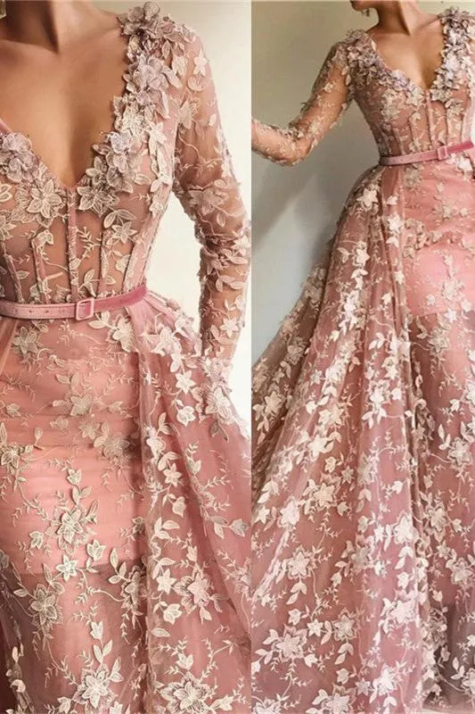 Chic See-Through Tulle Pink Long Sleevess Mermaid Prom Party Gowns