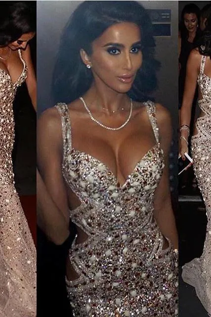 Chic Spaghetti Straps Rhinestones Sleeveless Front Split Sheath Floor-Length Prom Dresses