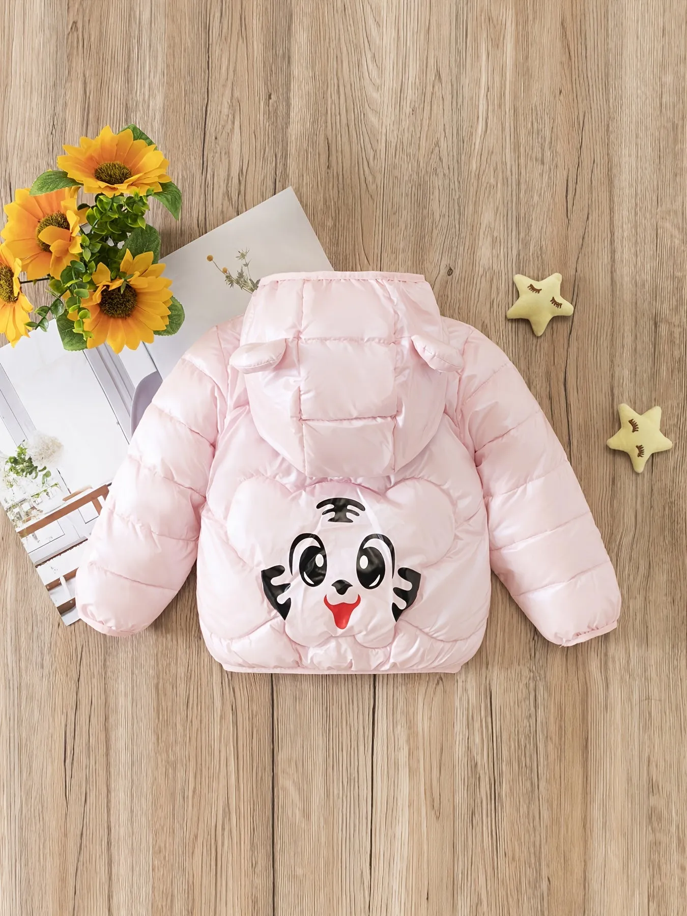 Children's Girls Cartoon Tiger Puffer Coat with Bear Ears