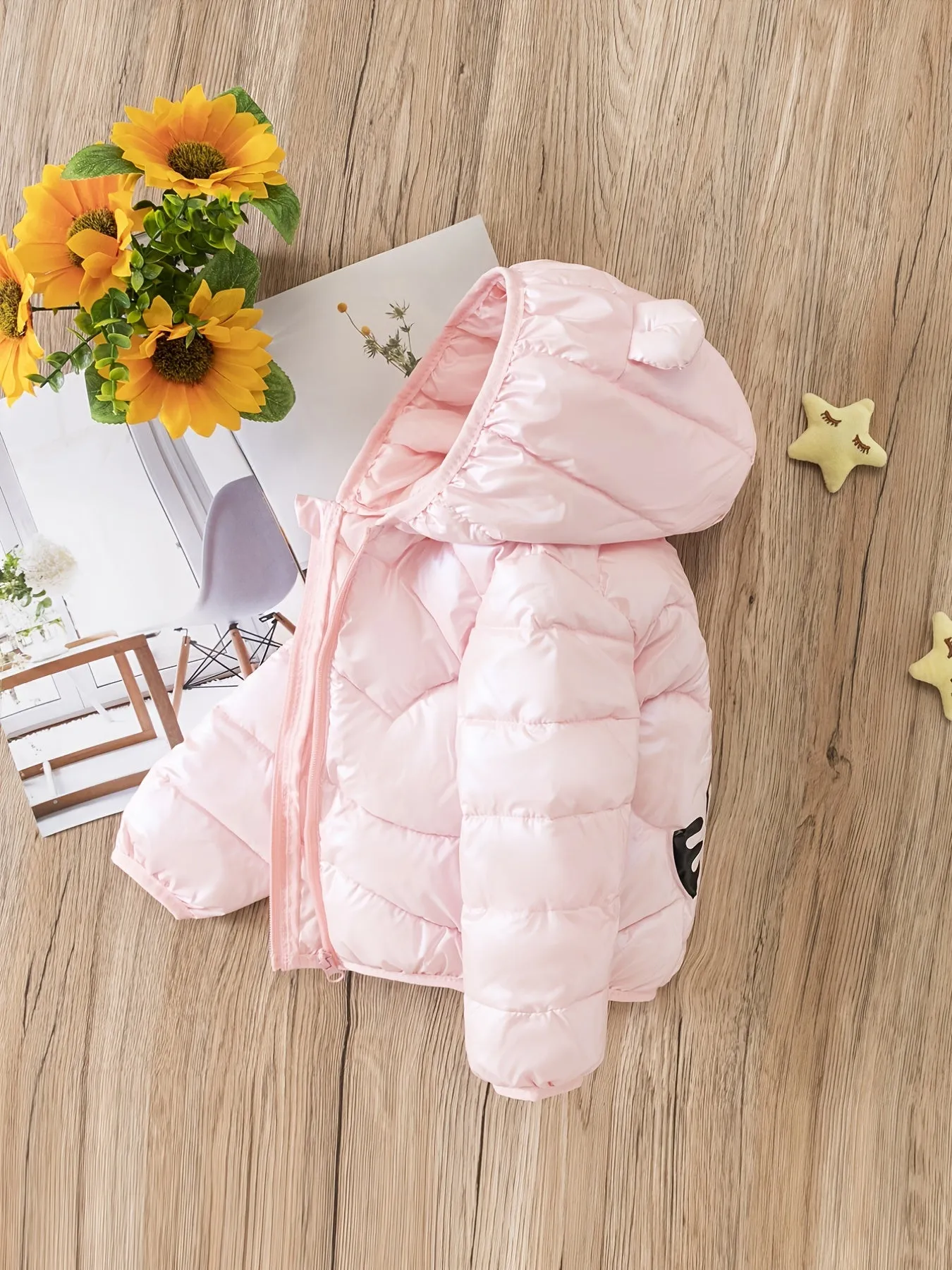 Children's Girls Cartoon Tiger Puffer Coat with Bear Ears