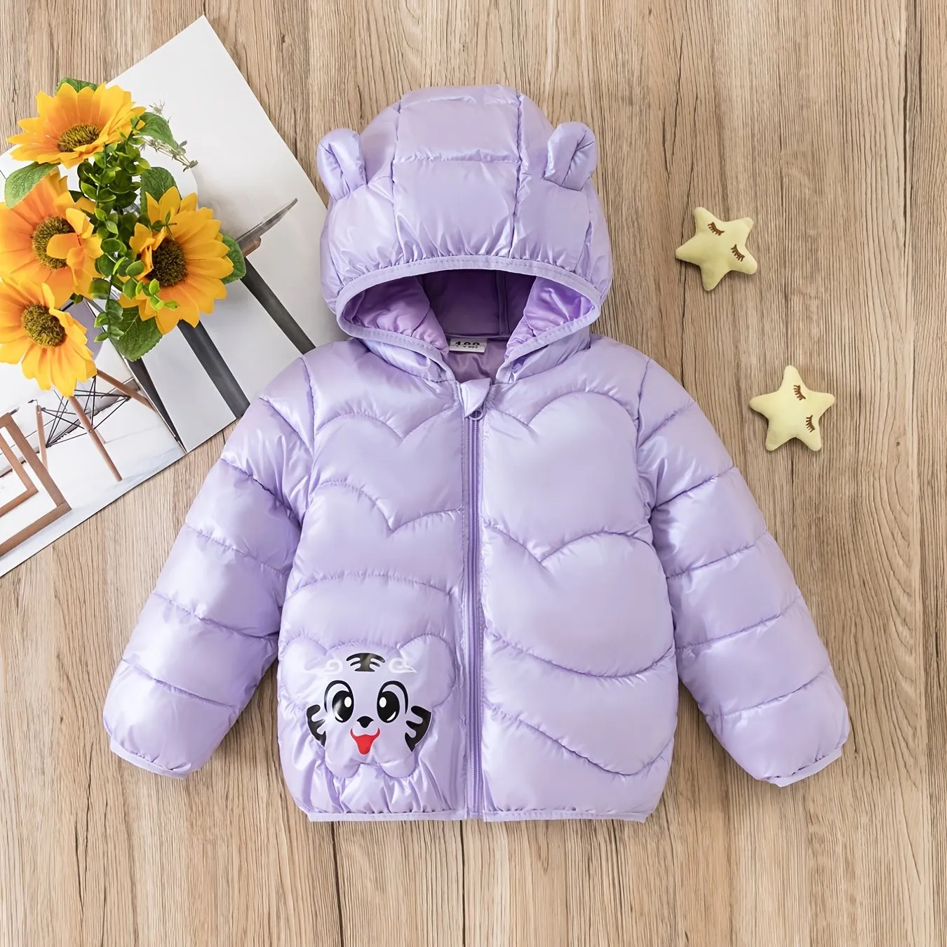 Children's Girls Cartoon Tiger Puffer Coat with Bear Ears