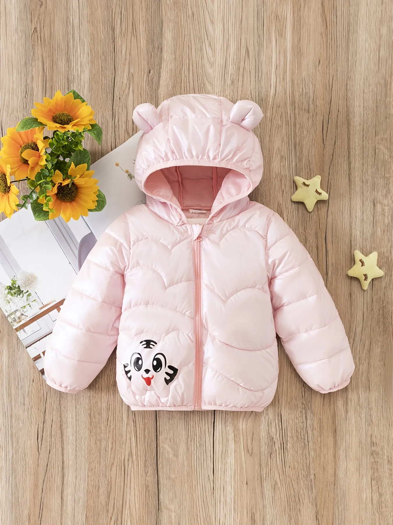 Children's Girls Cartoon Tiger Puffer Coat with Bear Ears