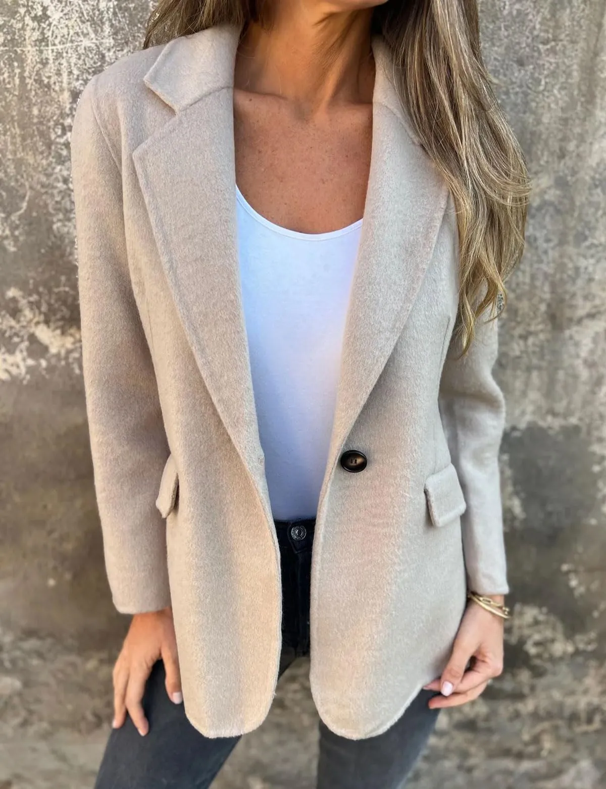 Chouyatou Women Solid Color Blazer Wool Blend Causal Business Office Open Front Short Jacket Pea Coat