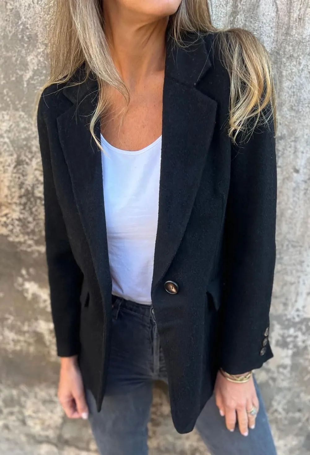 Chouyatou Women Solid Color Blazer Wool Blend Causal Business Office Open Front Short Jacket Pea Coat