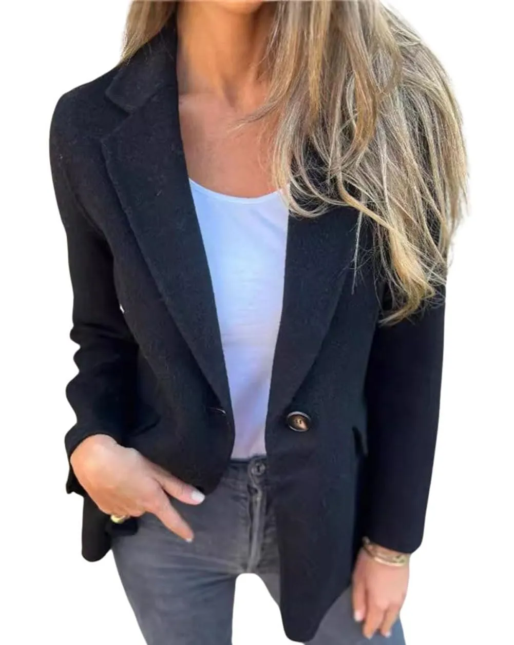 Chouyatou Women Solid Color Blazer Wool Blend Causal Business Office Open Front Short Jacket Pea Coat