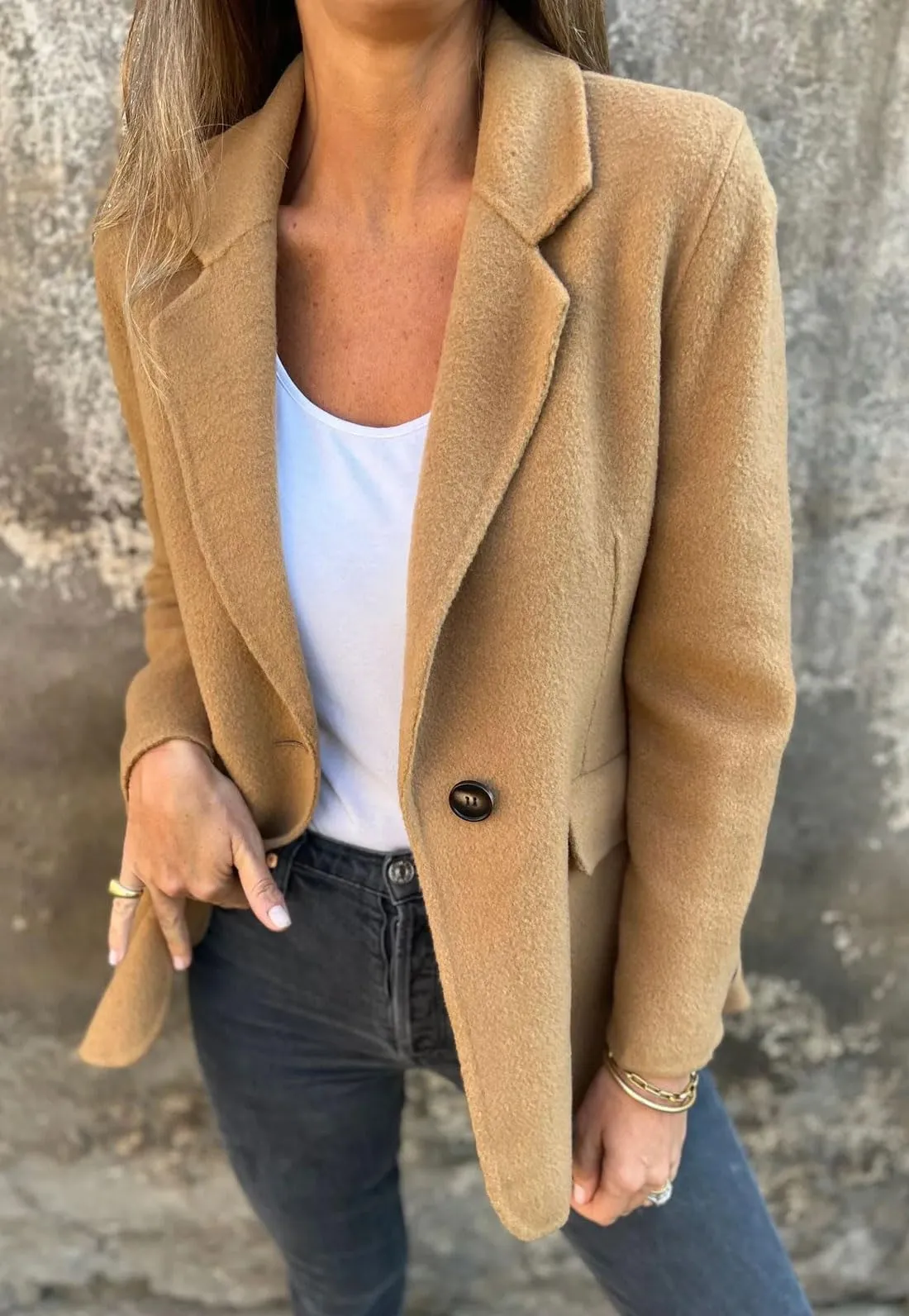 Chouyatou Women Solid Color Blazer Wool Blend Causal Business Office Open Front Short Jacket Pea Coat