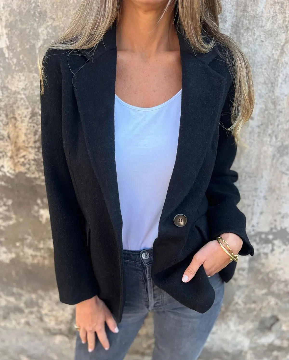 Chouyatou Women Solid Color Blazer Wool Blend Causal Business Office Open Front Short Jacket Pea Coat