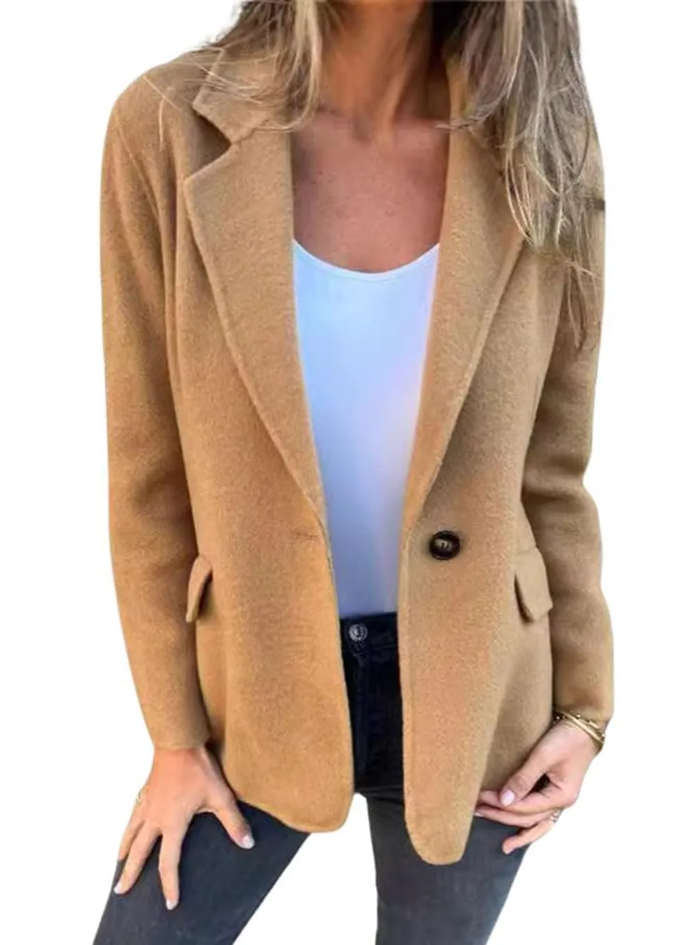 Chouyatou Women Solid Color Blazer Wool Blend Causal Business Office Open Front Short Jacket Pea Coat