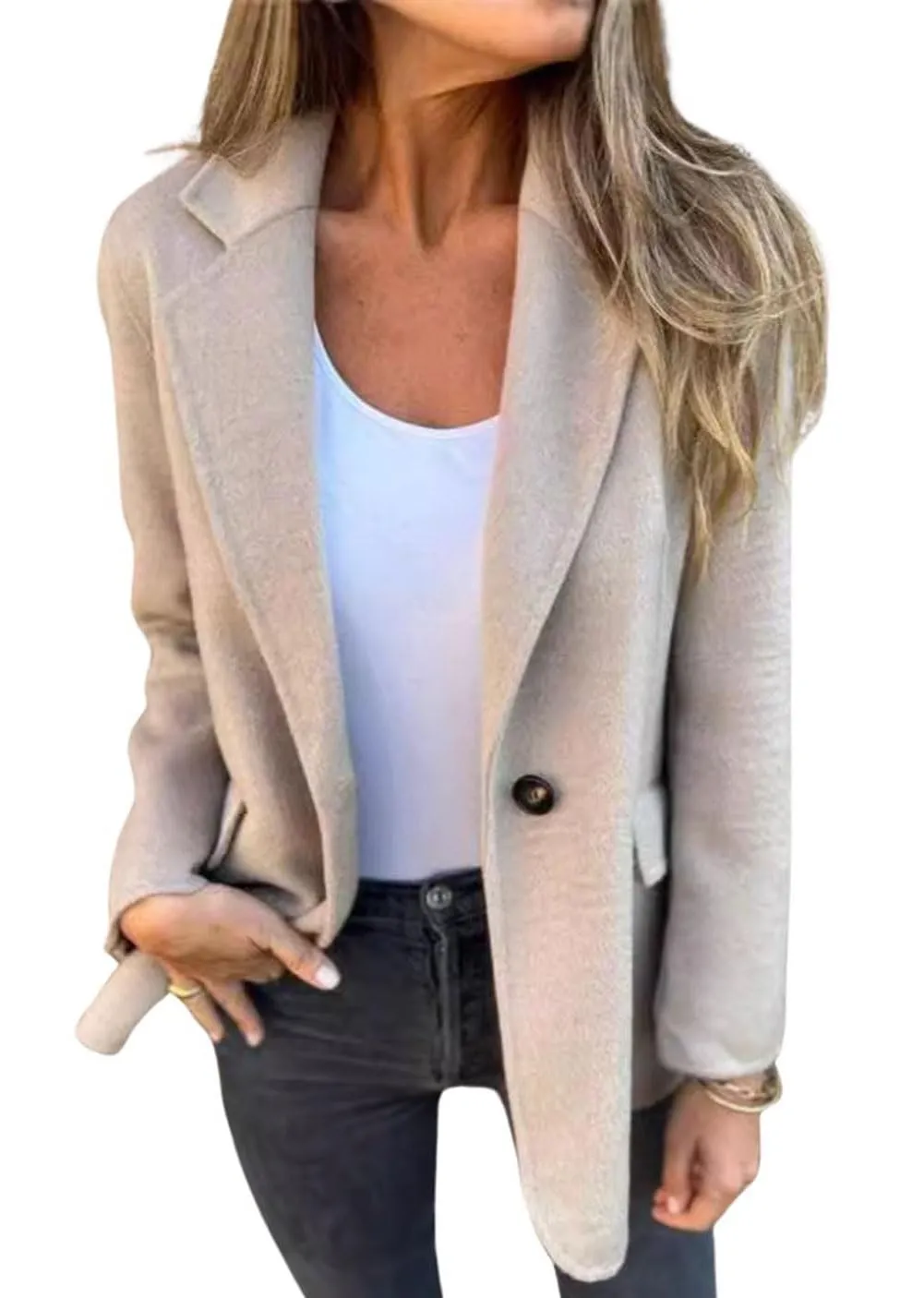 Chouyatou Women Solid Color Blazer Wool Blend Causal Business Office Open Front Short Jacket Pea Coat