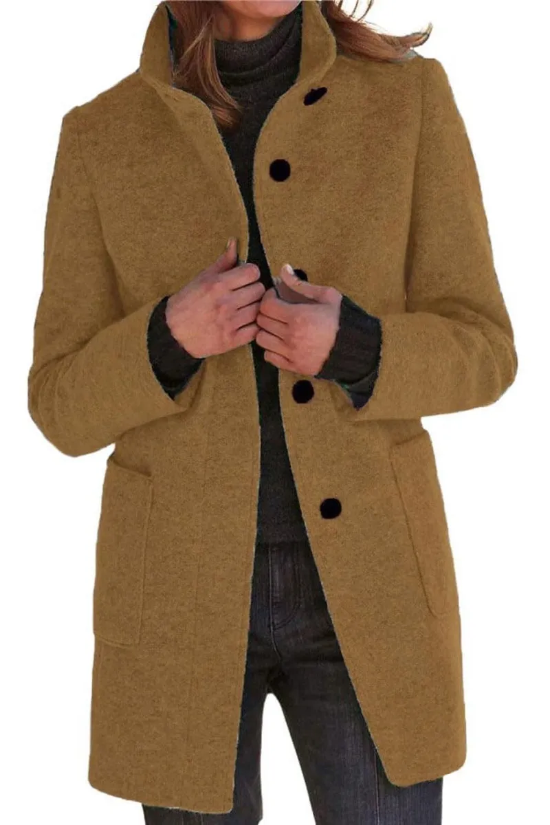 Chouyatou Women Winter Long Pea Coat Wool Blend Stand Collar Single Breast Thicken Blazer Jacket