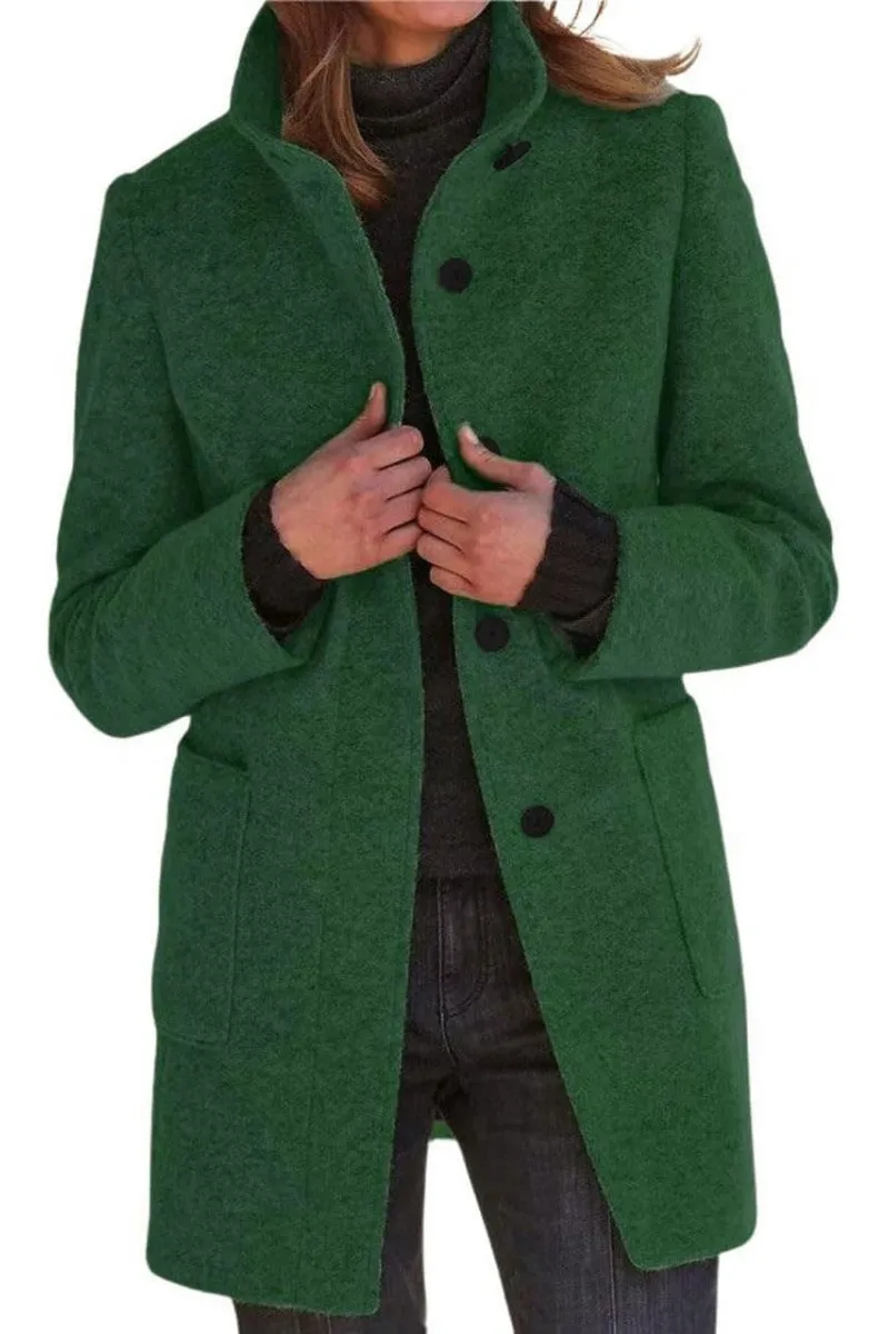 Chouyatou Women Winter Long Pea Coat Wool Blend Stand Collar Single Breast Thicken Blazer Jacket