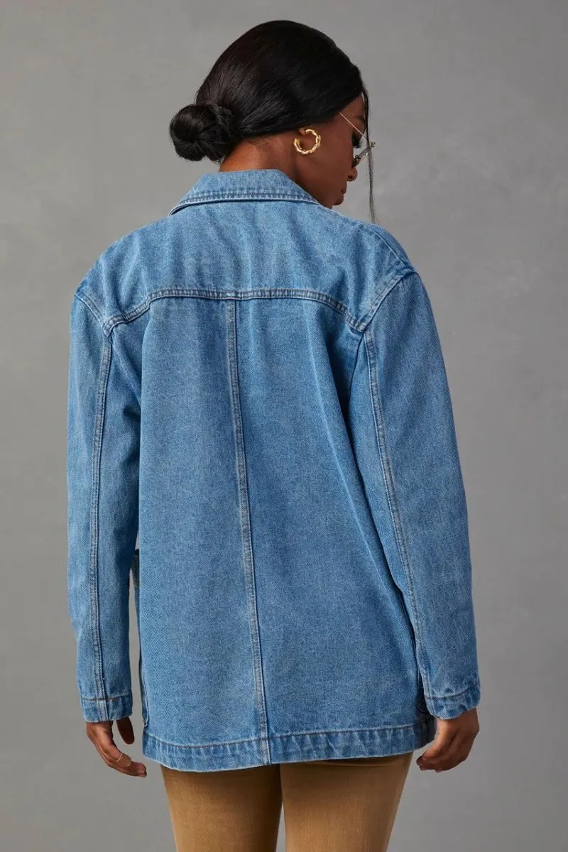 Chouyatou Womens Long Sleeve Jean Jacket Casual Loose Fit Notched Collar Button Down Denim Jacket