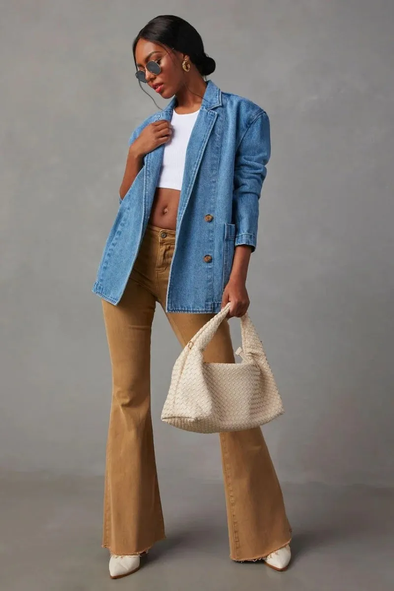 Chouyatou Womens Long Sleeve Jean Jacket Casual Loose Fit Notched Collar Button Down Denim Jacket