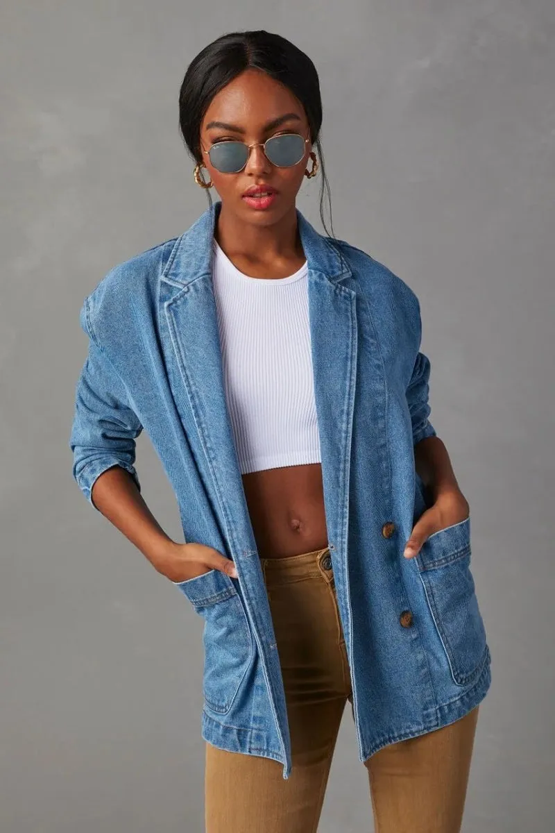 Chouyatou Womens Long Sleeve Jean Jacket Casual Loose Fit Notched Collar Button Down Denim Jacket