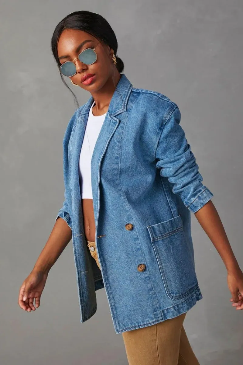 Chouyatou Womens Long Sleeve Jean Jacket Casual Loose Fit Notched Collar Button Down Denim Jacket