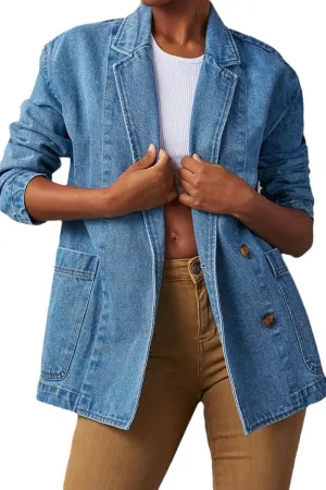 Chouyatou Womens Long Sleeve Jean Jacket Casual Loose Fit Notched Collar Button Down Denim Jacket