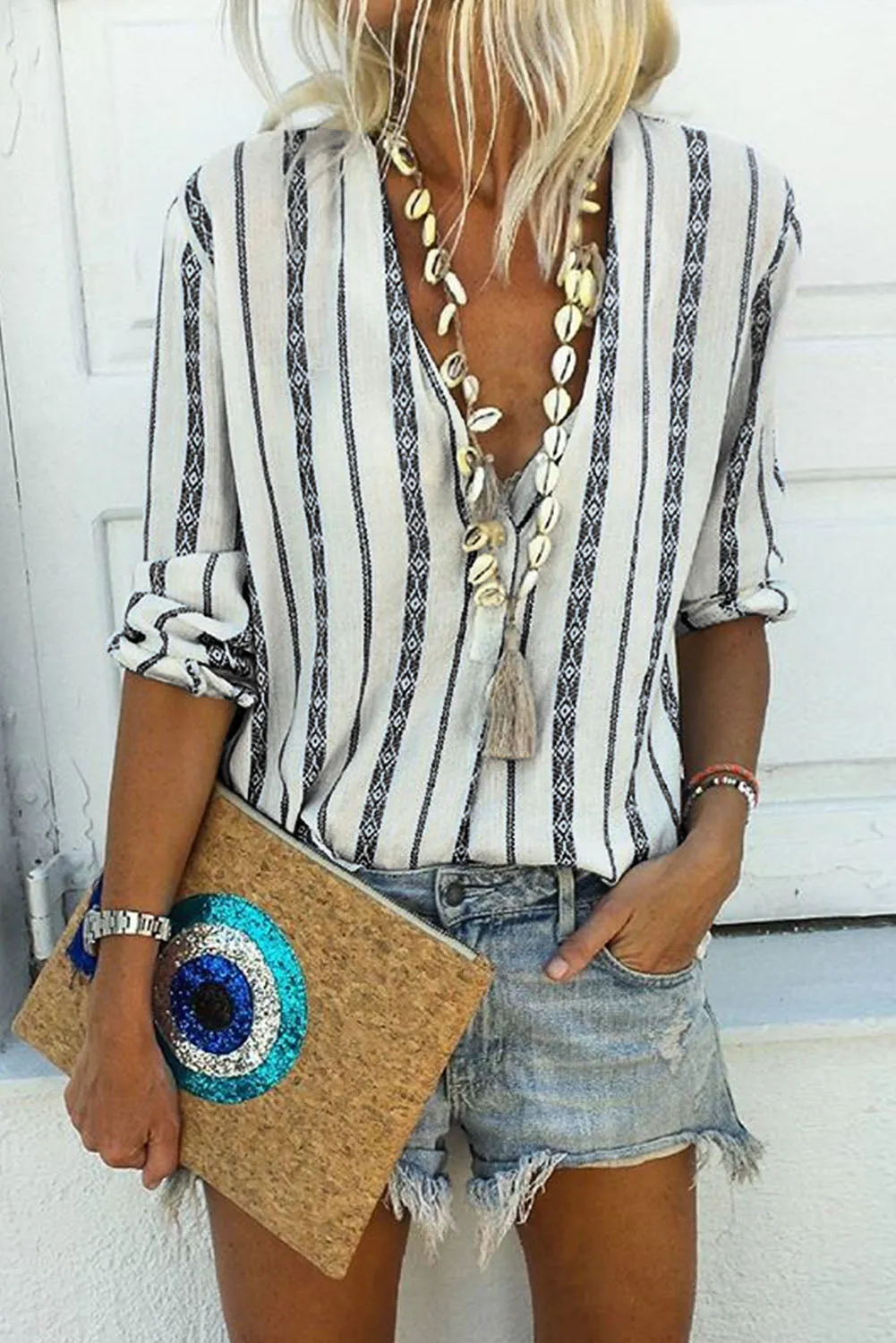 Classic Black White Striped V Neck Button Up Blouse