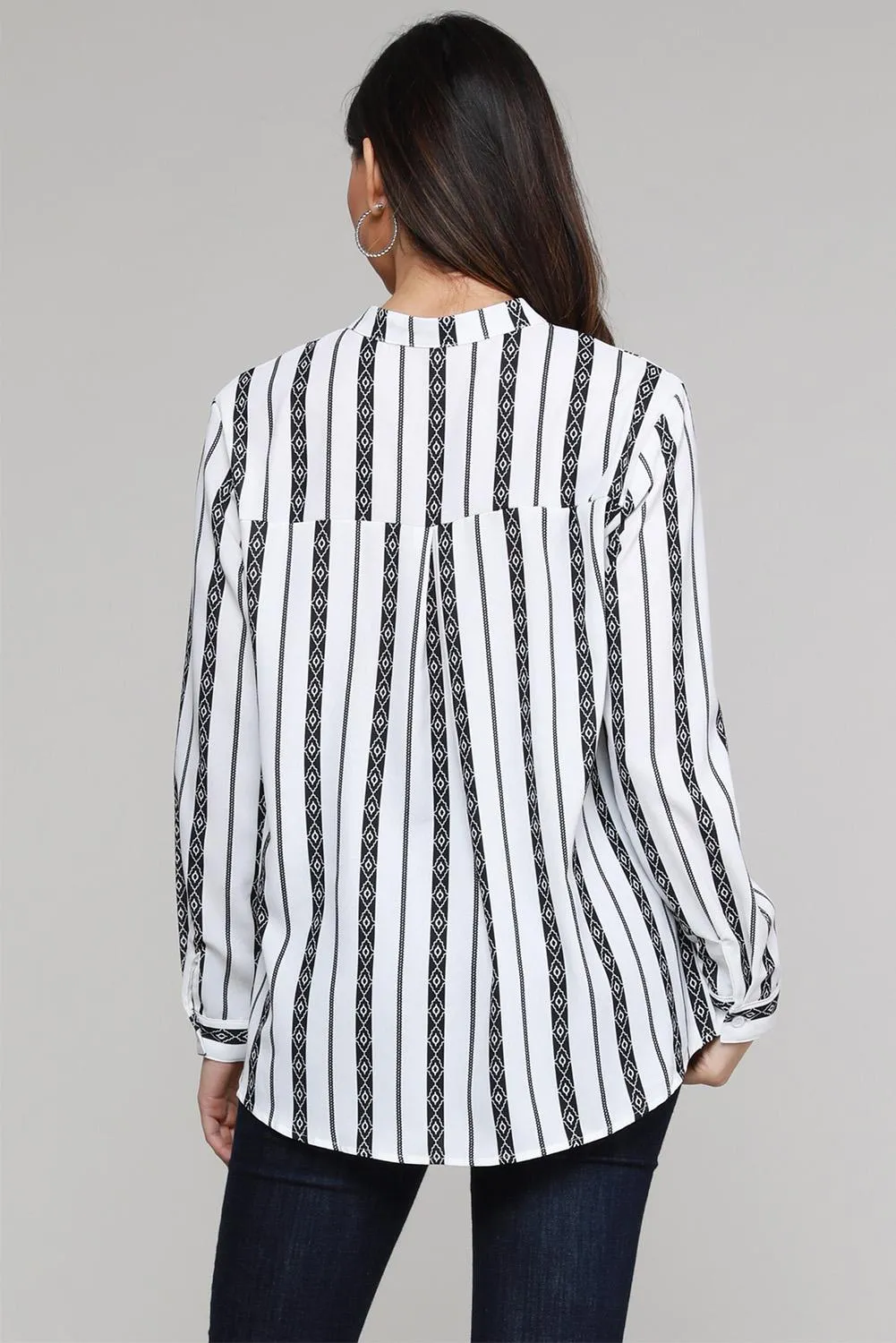 Classic Black White Striped V Neck Button Up Blouse