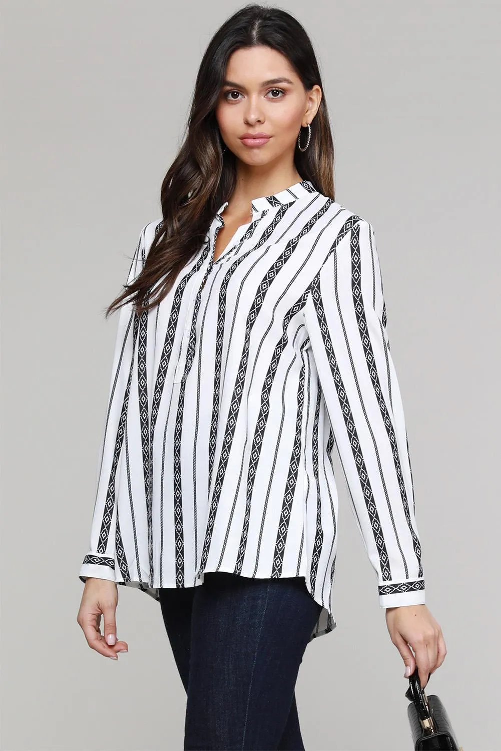 Classic Black White Striped V Neck Button Up Blouse